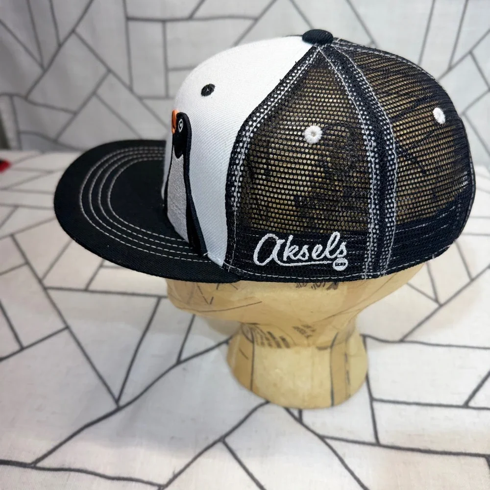 Aksels Youth Penguin Trucker Hat Black White Snapback Mesh Flat Brim Cap